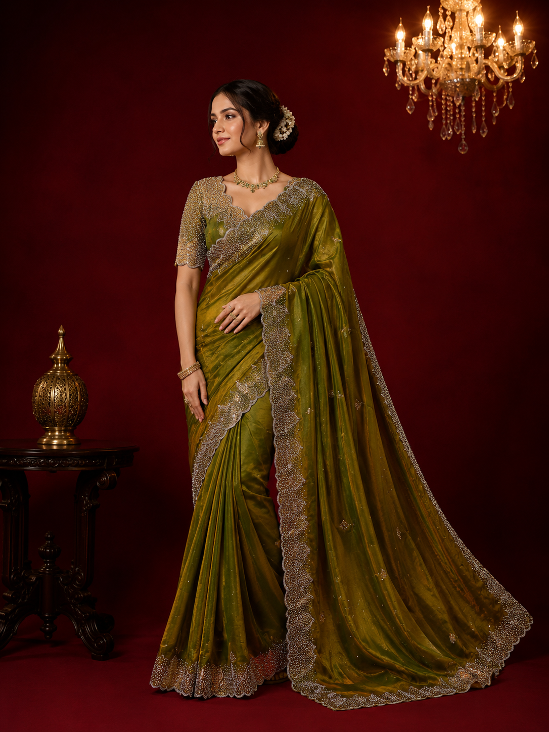 Fancy satin silk saree with siroski work.